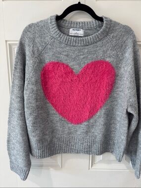 Old Navy Gray Crewneck Sweater with Pink Fuzzy Heart